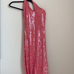 Pink, lace,and sequins, one shoulder dress